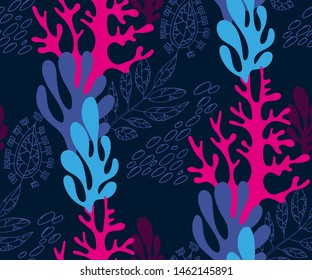 Hand drawn underwater natural ocean elements. Seamless pattern with reef corals. Vector sketch