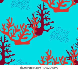 Hand drawn underwater natural ocean elements. Seamless pattern with reef corals. Vector sketch