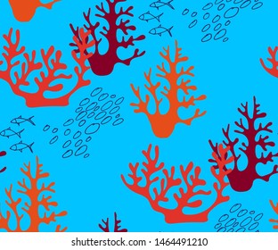 Hand drawn underwater natural ocean elements. Seamless pattern with reef corals. Vector sketch