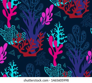 Hand drawn underwater natural ocean elements. Seamless pattern with reef corals. Vector sketch