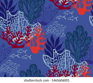 Hand drawn underwater natural ocean elements. Seamless pattern with reef corals. Vector sketch