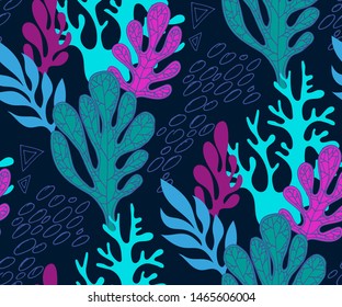 Hand drawn underwater natural ocean elements. Seamless pattern with reef corals. Vector sketch