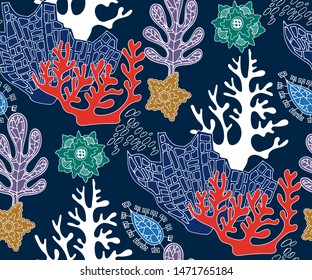 Hand drawn underwater natural ocean elements. Seamless pattern with reef corals. Vector sketch