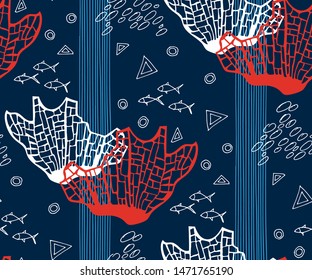 Hand drawn underwater natural ocean elements. Seamless pattern with reef corals. Vector sketch