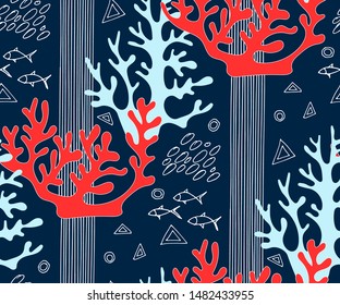 Hand drawn underwater natural ocean elements. Seamless pattern with reef corals. Vector sketch