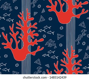 Hand drawn underwater natural ocean elements. Seamless pattern with reef corals. Vector sketch