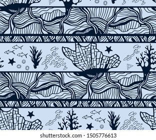 Hand drawn underwater natural ocean elements. Seamless pattern with reef corals. Vector sketch