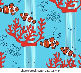 Hand drawn underwater natural ocean elements. Seamless pattern with reef corals. Vector sketch. Abstract seamless pattern. Creative background with geometric figures. Funny wallpaper for textile and f