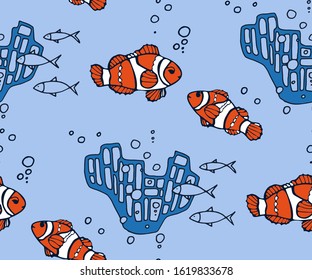 Hand drawn underwater natural ocean elements. Seamless pattern with reef corals. Vector sketch. Abstract seamless pattern. Creative background with geometric figures. Funny wallpaper for textile and f