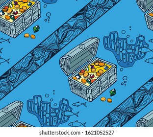 Hand drawn underwater natural ocean elements. Seamless pattern with reef corals. Vector sketch. Abstract seamless pattern. Creative background with geometric figures. Funny wallpaper for textile