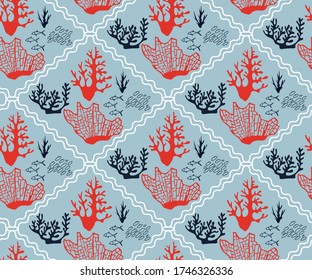 Hand drawn underwater natural ocean elements. Seamless pattern with reef corals. Vector sketch. Abstract seamless pattern. Print for textile, cloth, wallpaper, scrapbooking