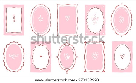 Hand drawn uneven doodle Valentine's Day frames text boxes hearts collection. Rectangle oval templates with various brush pen marker drawn heart shapes, I love you hand lettering. Wavy uneven lines.