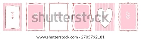 Hand drawn uneven doodle Valentine's Day linear frames text boxes hearts collection. Rectangle cute striped templates, wavy lines, brush pen marker drawn heart shapes, I love you handlettering
