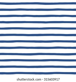 Hand drawn uneven sailor stripes, streaks, bars, strips seamless vector repeat pattern. Navy blue and white striped background. Doodle style sailor vest ornament.