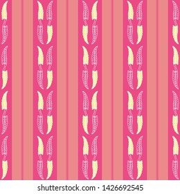 Hand drawn unfinished yellow and white leaves in bright striped design. Seamless vertical geometric vector pattern on pink background. Great for wellness, beauty, food products, packaging, stationery