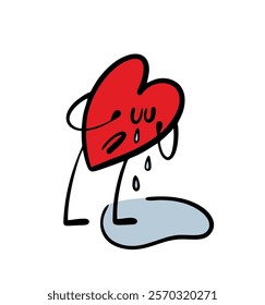 Hand drawn unfortunate red heart is suffering from unrequited love. Vector illustration of a stickman crying in a pool of tears. Funny character on white background.