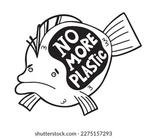 Hand drawn unhappy flounder fish with message - no more plastic. Conceptual vector illustration about water pollution problem