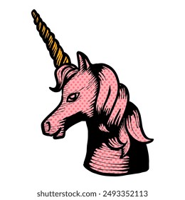 Hand drawn unicorn animal halftone color vector illustration