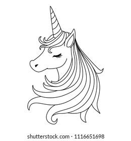 Hand drawn unicorn beautiful unicorn head for coloring book page for kids, teen, and adult