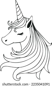 Hand drawn unicorn beautiful unicorn head for coloring book page for kids, teen, and adult