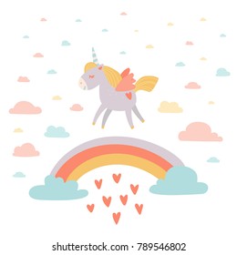 Hand drawn unicorn behind the rainbow with hearts rain. Cloudy background. Stock vector