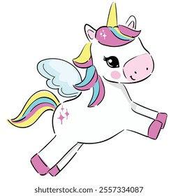 Hand Drawn Unicorn Cute Kids Illustration Vector, Trendy design for fashion graphics, t-shirt prints, posters, stickers