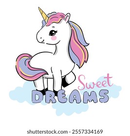 Hand Drawn Unicorn Cute Kids Illustration Vector, Trendy design for fashion graphics, t-shirt prints, posters, stickers