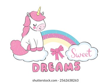 Hand Drawn Unicorn Cute Kids Illustration Vector, Trendy design for fashion graphics, t-shirt prints, posters, stickers