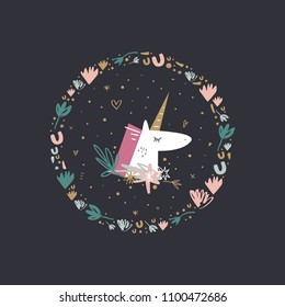 Hand drawn unicorn and frame. Vector, clipart, isolated details. Editable elements.