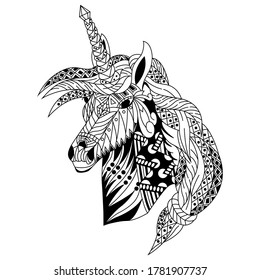 Hand drawn of unicorn head in zentangle style