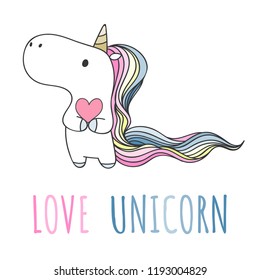 Hand drawn Unicorn holding heart in doodle style. Vector illustration.