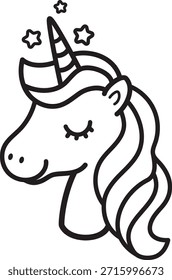 Dibujado a mano ilustración de unicornio. Dibujo de Unicornio de Vector. Caballo mágico feliz sonriente con cuerno y estrellas. Cara mágica de unicornio 