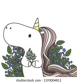 Hand drawn Unicorn and leaves, Cartoon doodle style. Vector illustration.