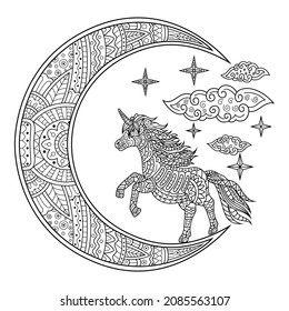 Hand drawn of unicorn and moonlight in zentangle style