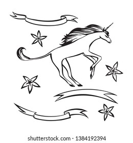 Hand drawn unicorn, ribbons and flowers outline sketch. Vector magic black ink drawing isolated on white background. Graphic illustration.