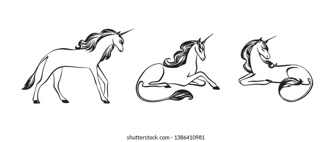 Hand drawn unicorn set outline sketch. Vector magic black ink drawing isolated on white background. Graphic illustration.