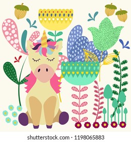 Hand drawn unicorn. Vector cute card with flower and plants. Vector illustration.