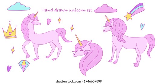 Juego de vectores de unicornio dibujado a mano. Cuta caricatura de ilustración animal para niños. Color rosado giratorio con princesa tiara, chispas, diamante, estrella fugaz, nube, corazones