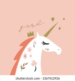 Hand drawn unicorn, vector vintage design elements, outline horse drawing. Clip art EPS