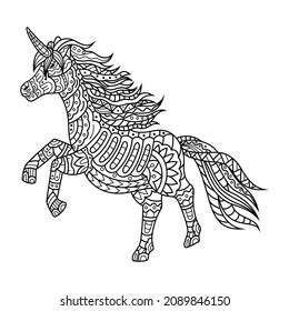 Hand drawn of unicorn in zentangle style