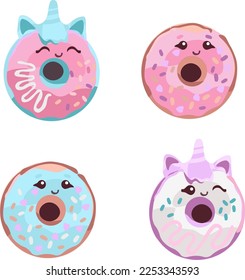 hand drawn unicorns donuts in different colors