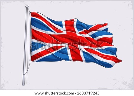 Hand drawn Union Jack flag flying in the air, waving United kingdom flag with metallic pole isolated on white background