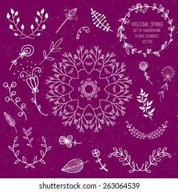 Hand drawn and unique floral doodle set. Free hand collection
