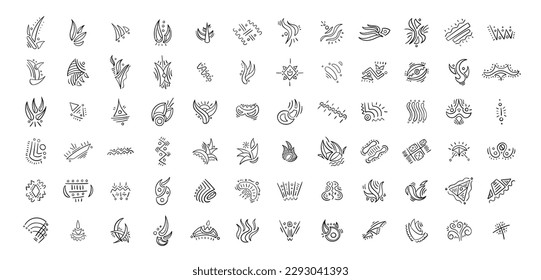 Hand drawn unique random tribal symbols set. Stone age style.