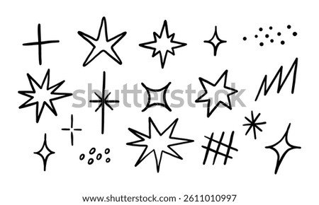 Hand Drawn Unique Sparkle Star Accent. A collection of 17 unique hand drawn sparkle and star doodles featuring bursts diamonds lightning and scattered dots for magical and decorative design accents