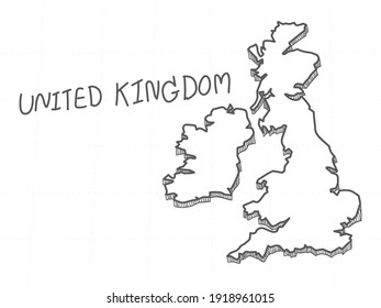 Hand Drawn of United Kingdom 3D Map on White Background. 