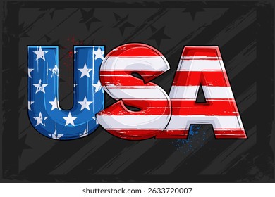 Hand drawn United states typography in American flag pattern, USA lettering in American colors, stars and stripes