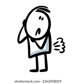 Hand drawn unlucky man farted and got into an awkward situation. Vector illustration of cartoon doodle teenager with a stomach problem.