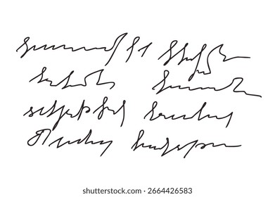 Hand drawn unreadable short message. Scribble script doodle text isolated on transparent background. Messy ink elements. Bad calligraphy unreadable script. Vector illustration by pencil.