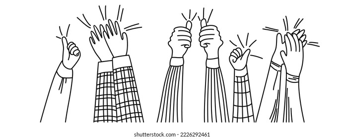 mano levantada, aplauso, gesto de pulgar hacia arriba al estilo doodle. ilustración vectorial de celebración.